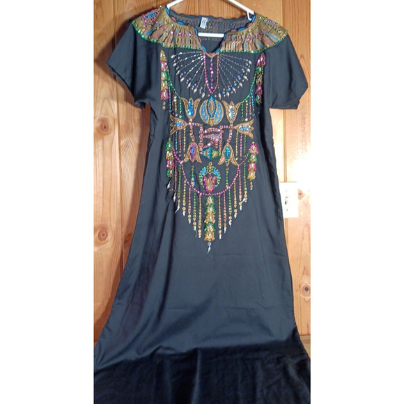 VTG Egyptian Kaftan Womens Small Embellished Gold Design with Sequins and Beads - Picture 2 of 8